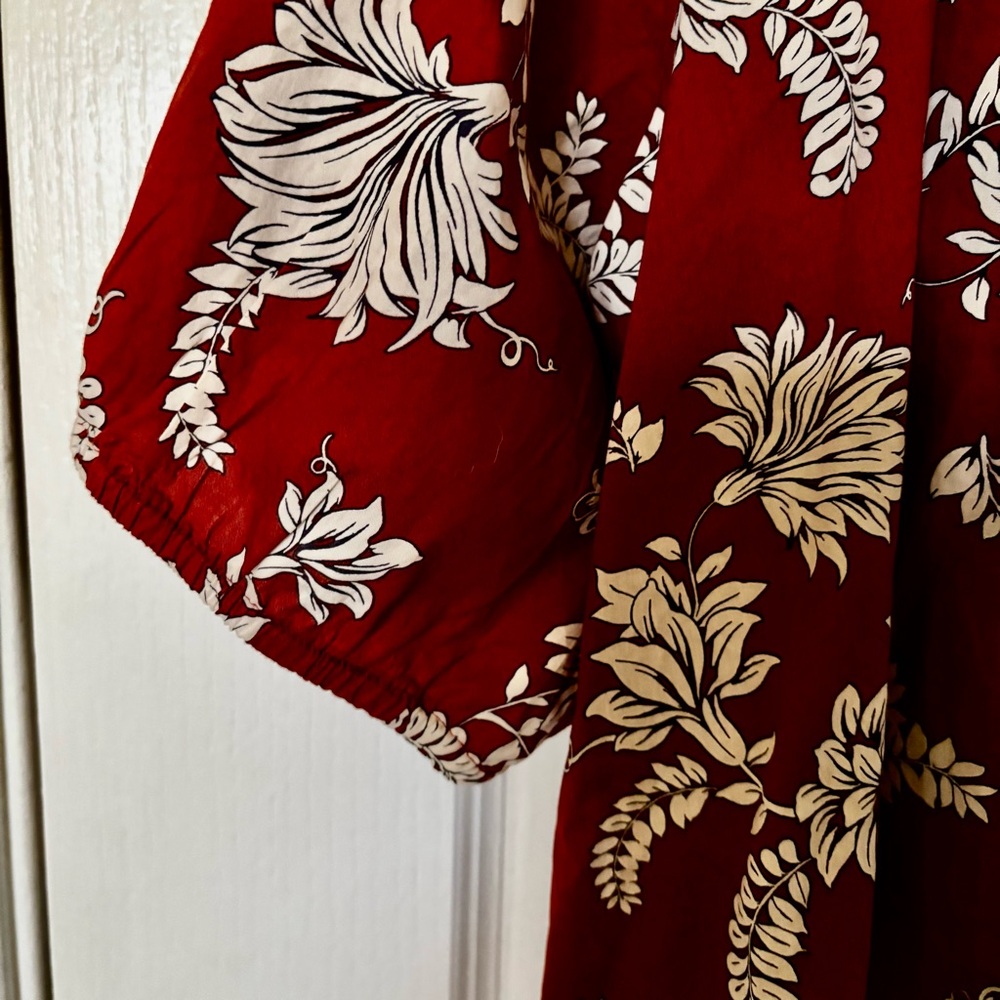 Lane Bryant Sz 22 Rust Floral Cotton Classic Raglan Elbow Sleeve Tie Neck Top - Picture 3 of 10